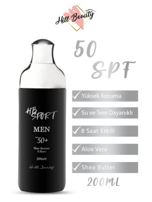 Hill Beauty 8 Saat Suya Ve Tere Dayanıklı Aleo Vera Özlü 50+ SPF  (YÜKSEK KORUMA) Vücut Güneş Kremi Men 200ml